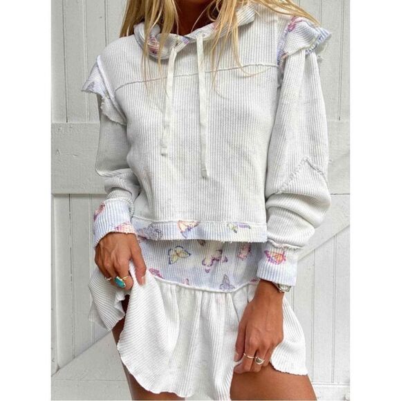Love Shack Fancy Ciel Cropped Hoodie Aqua Reflections Butterfly Size Small NWT - Picture 1 of 15